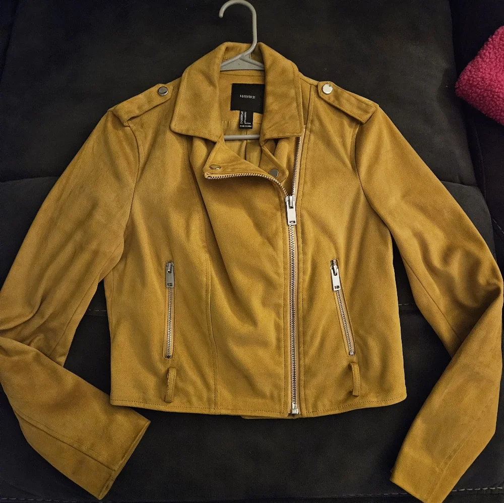 Forever 21 Women’s Mustard Yellow Microsuede Moto Jacket – Size L - Picture 12 of 13